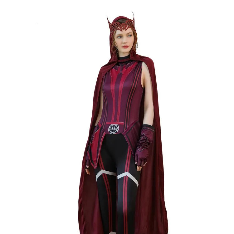 Kostium cosplayowy Wanda Maximoff Scarlet Witch – czerwony kombinezon, peleryna i nakrycie głowy