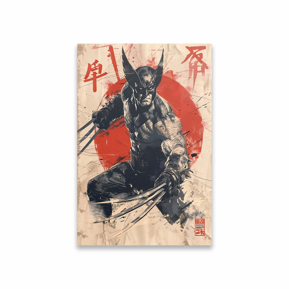 Plakat Avengers Wolverine – czarno-biały tusz, czerwone słońce