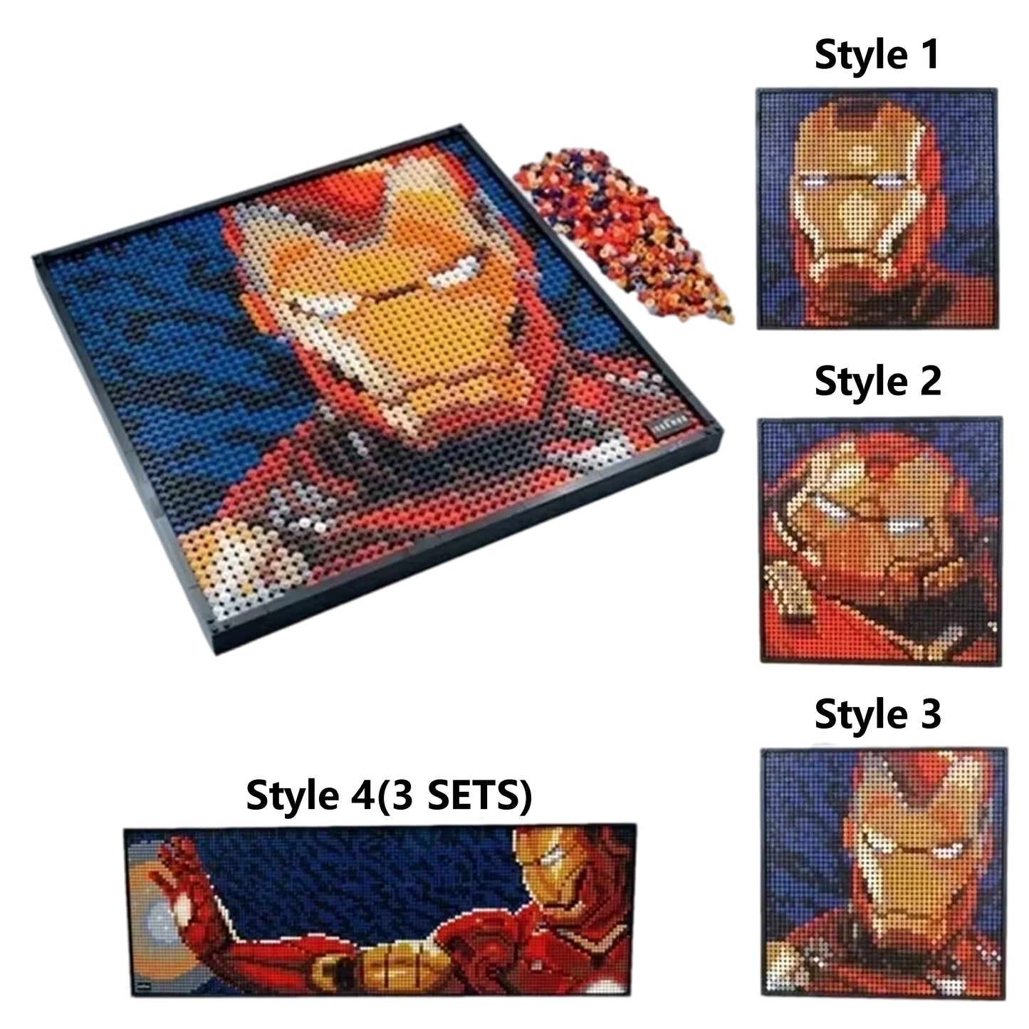 Figurka z klocków Avengers Iron Man – pikselowy portret, mural 3D