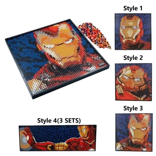 Figurka z klocków Avengers Iron Man – pikselowy portret, mural 3D