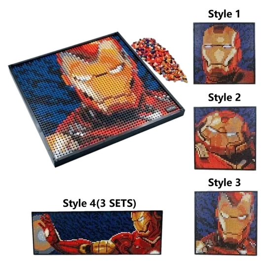 Figurka z klocków Avengers Iron Man – pikselowy portret, mural 3D