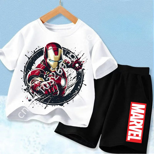 Dziecięcy T-shirt Avengers Iron Man — biały komplet, czarne szorty