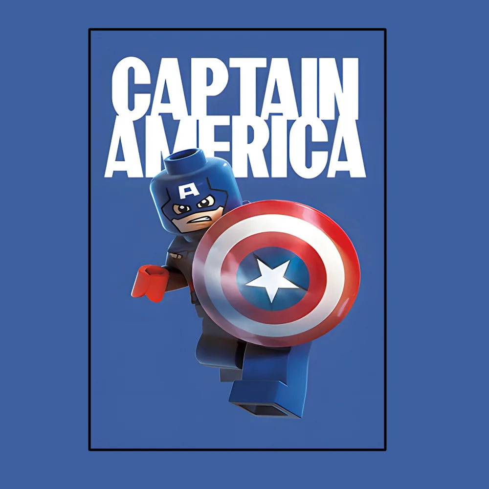 Plakat Avengers Captain America – styl Lego, niebieskie tło