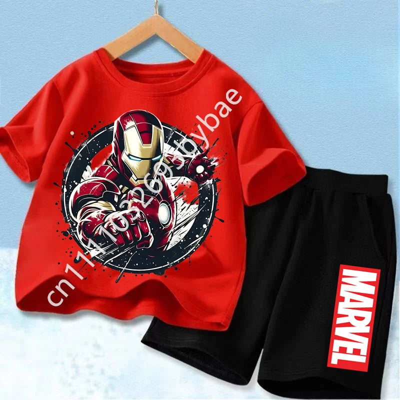 Koszulka Avengers Iron Man dla dzieci – czerwony zestaw, czarne szorty