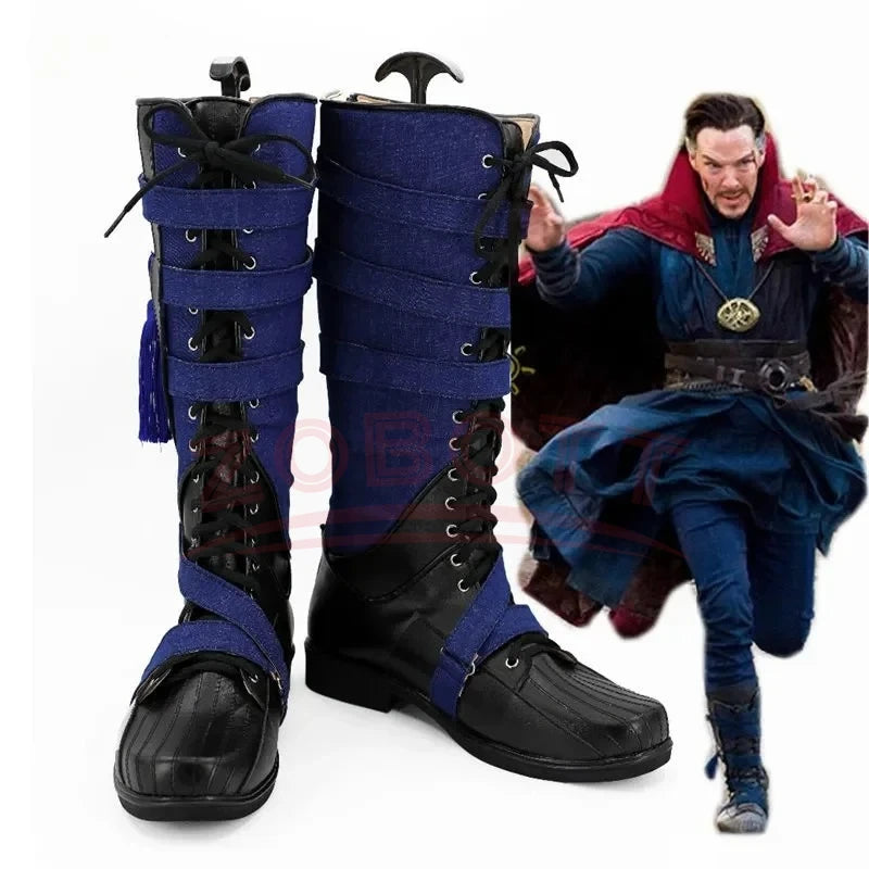 Fantazyjne buty cosplayowe – granatowo-czarna skóra z pomponem (mężczyzna)