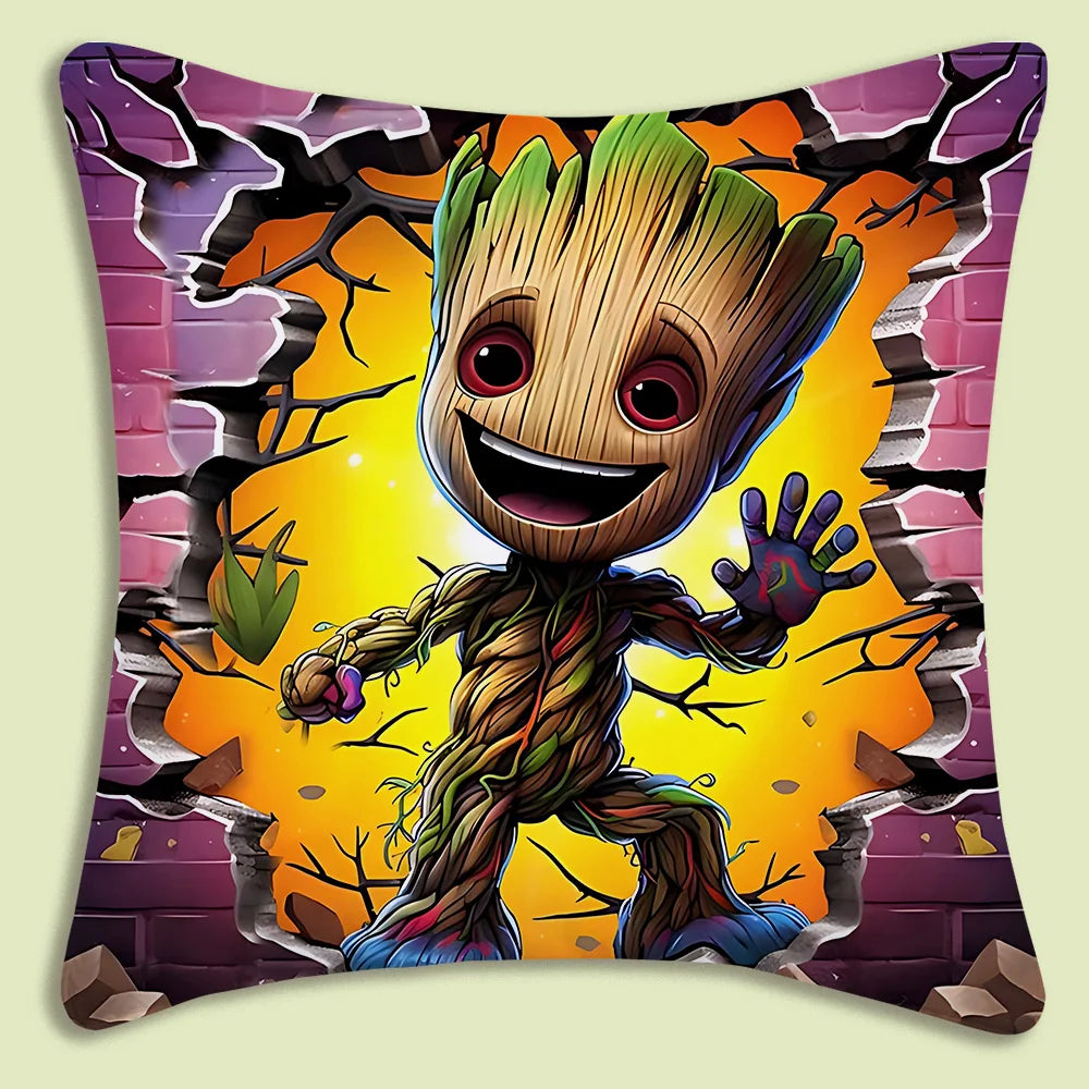 Poszewka na poduszkę Baby Groot — przebijający się przez różowo-żółtą ceglaną ścianę