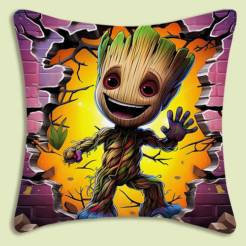 Poszewka na poduszkę Baby Groot — przebijający się przez różowo-żółtą ceglaną ścianę