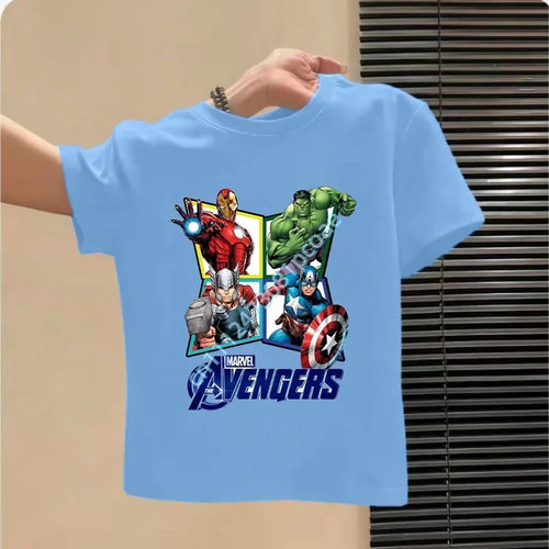 Dziecięcy T-shirt Avengers - wzór z logo Avengers, niebieski