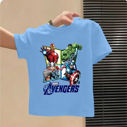 Dziecięcy T-shirt Avengers - wzór z logo Avengers, niebieski