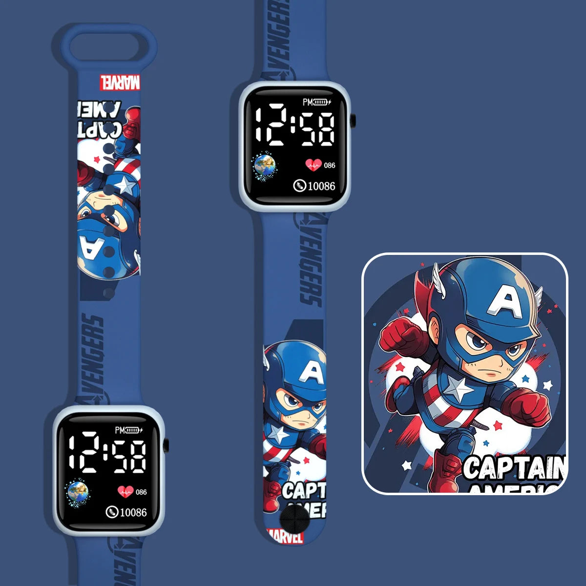 Dziecięcy zegarek LED Captain America – niebieski chibi