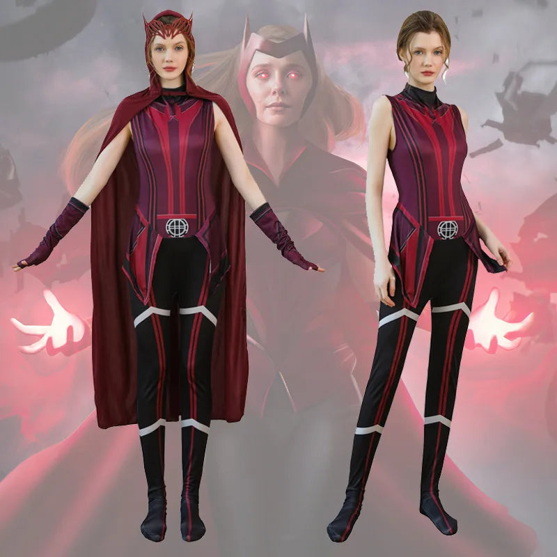Kostium cosplayowy Wanda Maximoff Scarlet Witch – czerwony kombinezon, peleryna i nakrycie głowy