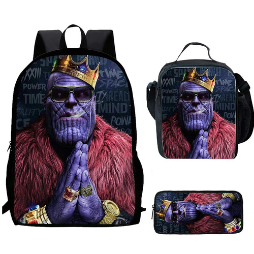Plecak Thanos Król 3-częściowy – futrzana korona, styl rapowy, zestaw dla dziecka