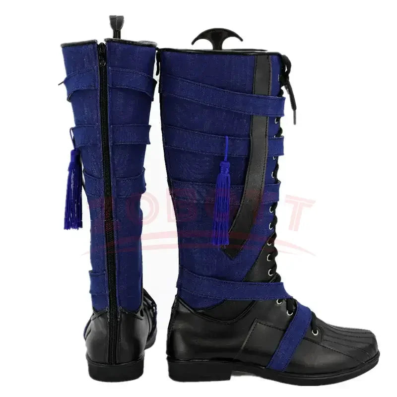 Fantazyjne buty cosplayowe – granatowo-czarna skóra z pomponem (kobieta)