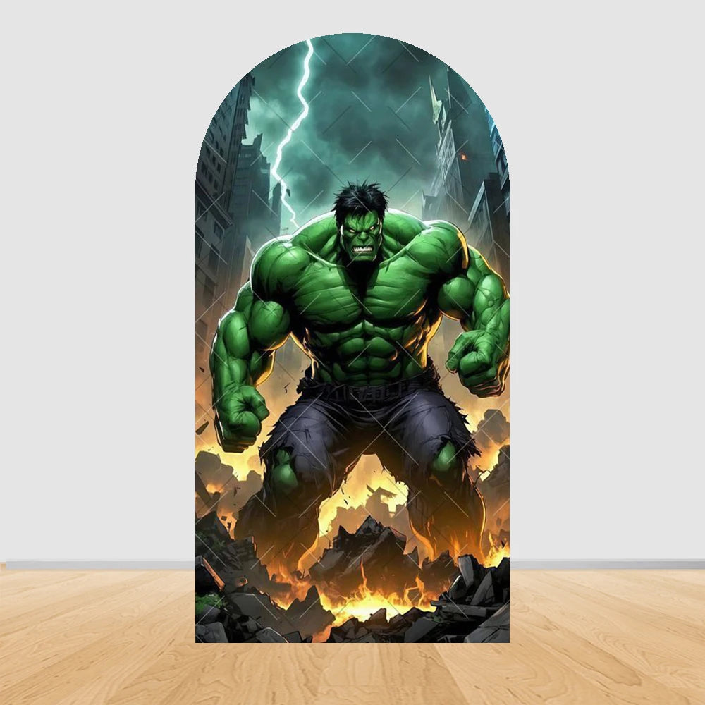 Tło imprezowe z łukiem Avengers Hulk – płonące ruiny